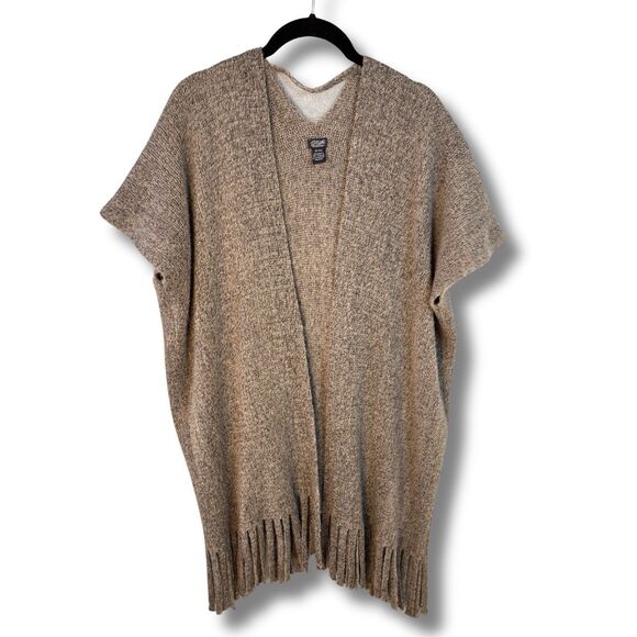 Roffe Accessories Fringed Open Front Cardigan Poncho Sweater Wrap Brown Soft - Picture 5 of 10
